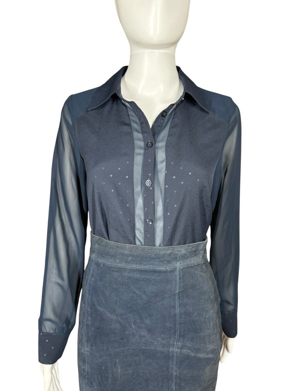 BCBG Generation Sheer Navy Blue Night Polka Dot Button Front Blouse Size XS